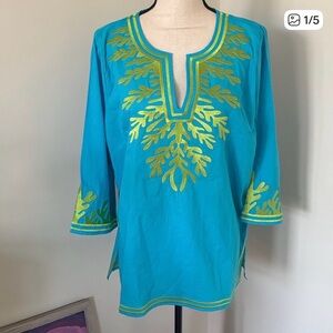 Gretchen Scott Designs Aqua and Gold Embroidered Blouse